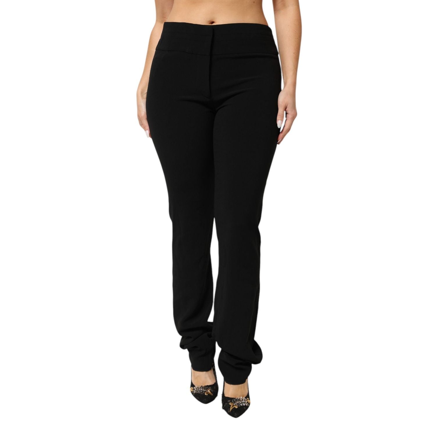 Exte Black Viscose Acetate Blend Straight Leg High Waist Pants
