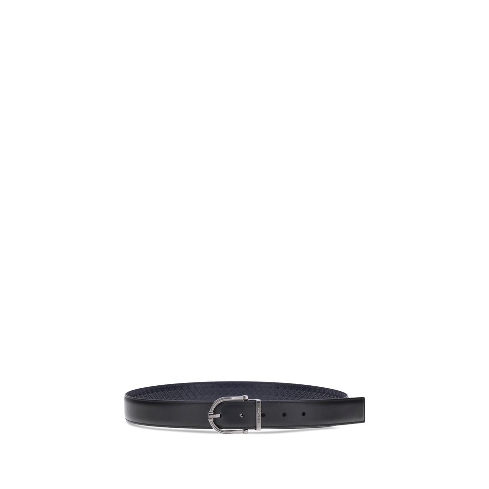 Ferragamo Black Calf Leather Bos Taurus Belt with geometric buckle and reversible design, made from soft calfskin leather.