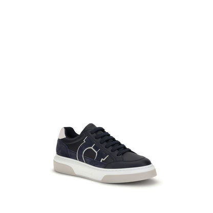 Ferragamo Blue Calf Leather Bos Taurus Low Top Sneakers with Gancini silhouette and rubber sole, inspired by '90s basketball shoes.