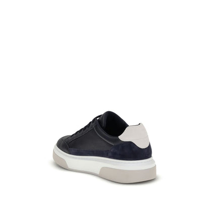 Ferragamo Blue Calf Leather Bos Taurus Low Top Sneakers with suede inserts and rubber sole, rear view showcasing Gancini silhouette.