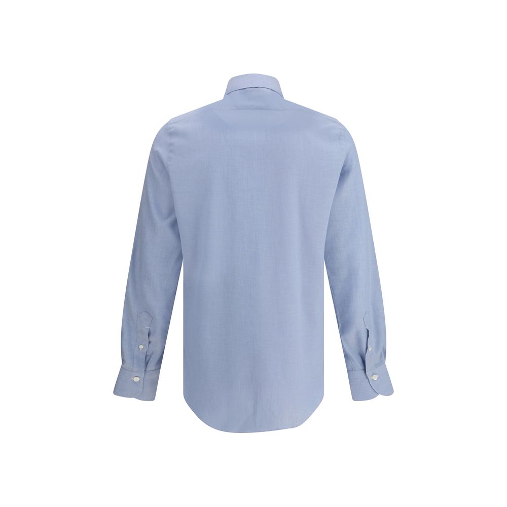 Back view of Finamore Light Blue Cotton Dress Shirt, elegant cotton and cashmere blend with classic collar, perfect for everyday elegance.