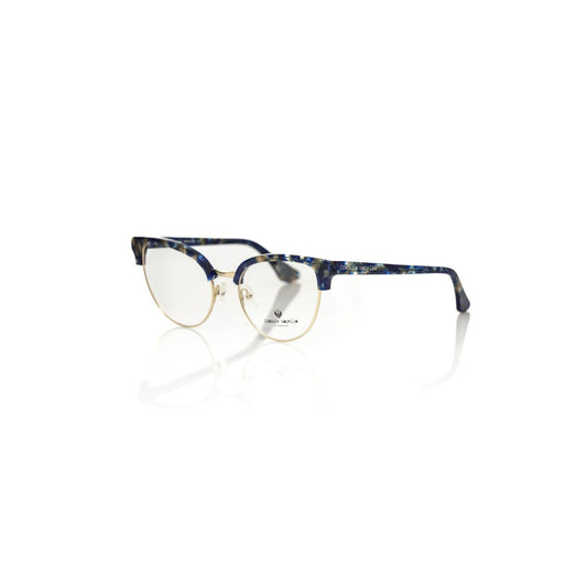 Frankie Morello Blue Metallic Fibre Women's Frame eyeglasses with blue mother of pearl and gold accents, classic clubmaster style.