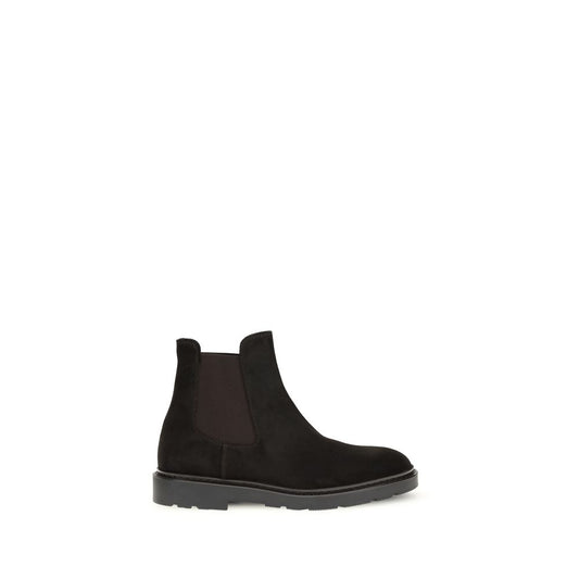 Fratelli Rossetti Black Calf Leather Bos Taurus Chelsea Boots with suede design and lugged sole, AW25 season, round toe, elastic sides.