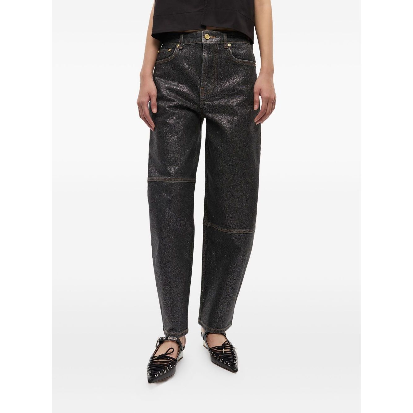 GANNI Jeans Black showcasing front button fastening and classic five-pocket style in organic cotton denim, perfect for versatile wear.