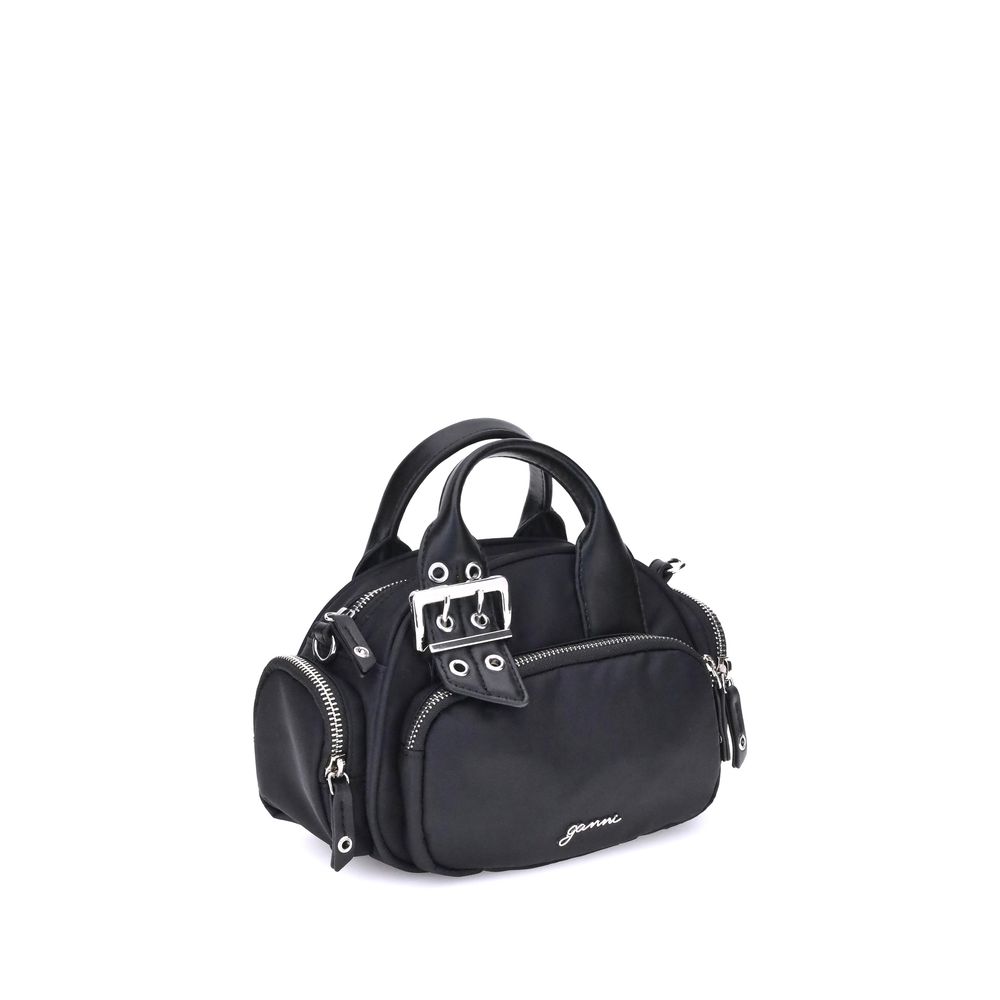 Ganni Polochon mini Handbag with top handle, metallic trim, zipper closure, front and side pockets on white background.