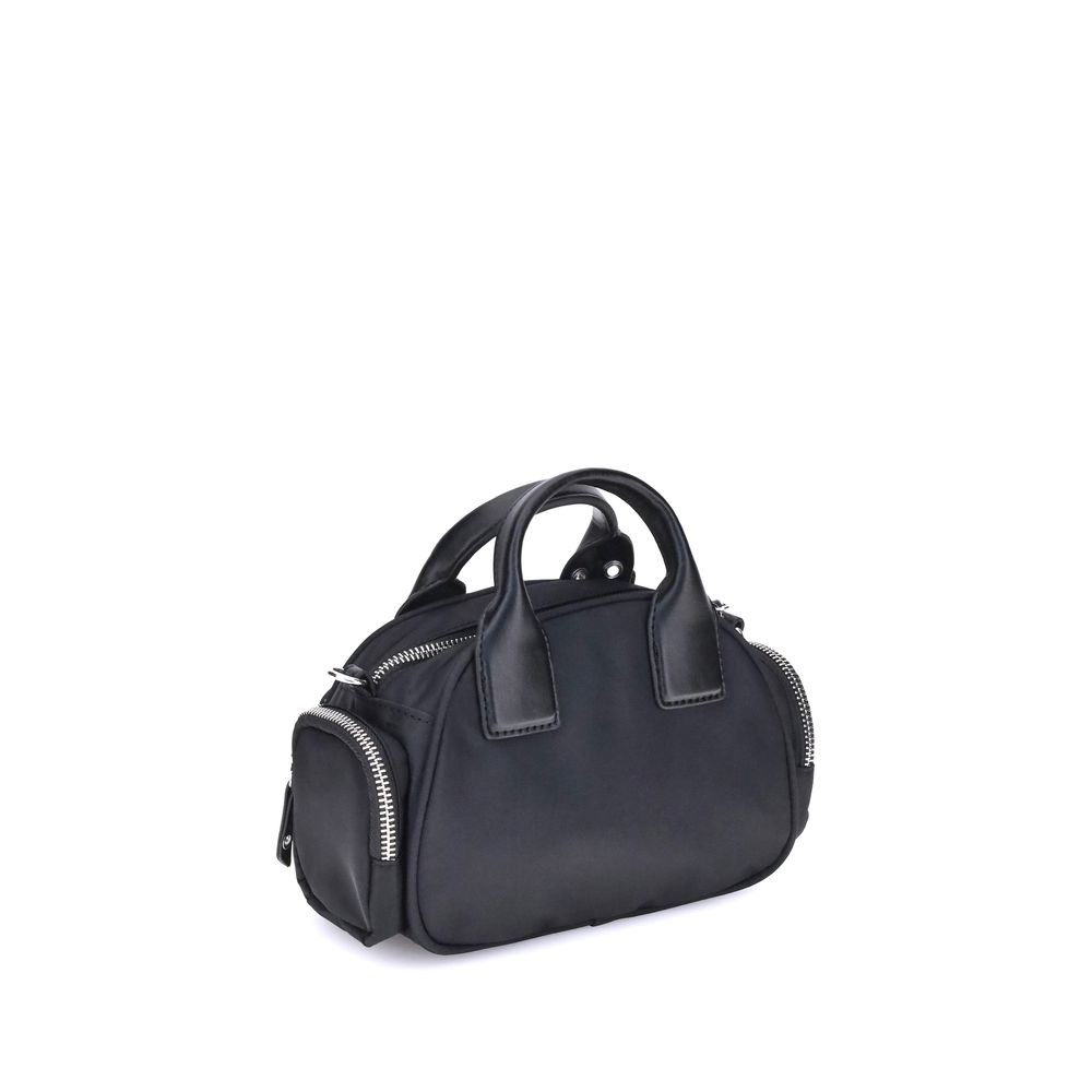 Ganni Polochon mini Handbag with top handle, adjustable shoulder strap, zipper closure, and silver-tone logo, featuring front and side pockets.
