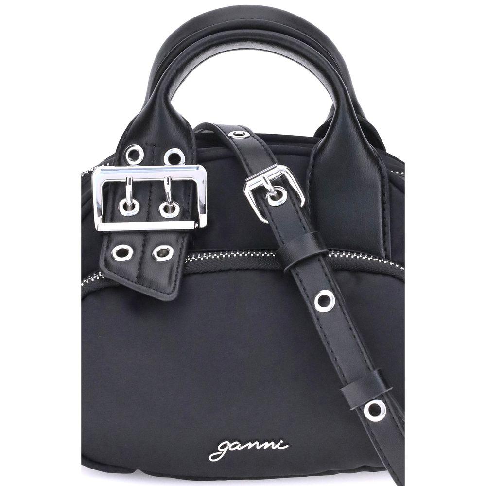 Ganni Polochon mini Handbag in black nylon with silver logo, featuring adjustable shoulder strap and metallic trim for AW25 season.