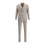 Gi Capri Virgin wool Suit with double-breasted blazer and pants in beige, featuring peaked lapels, welt pockets, and elegant design.
