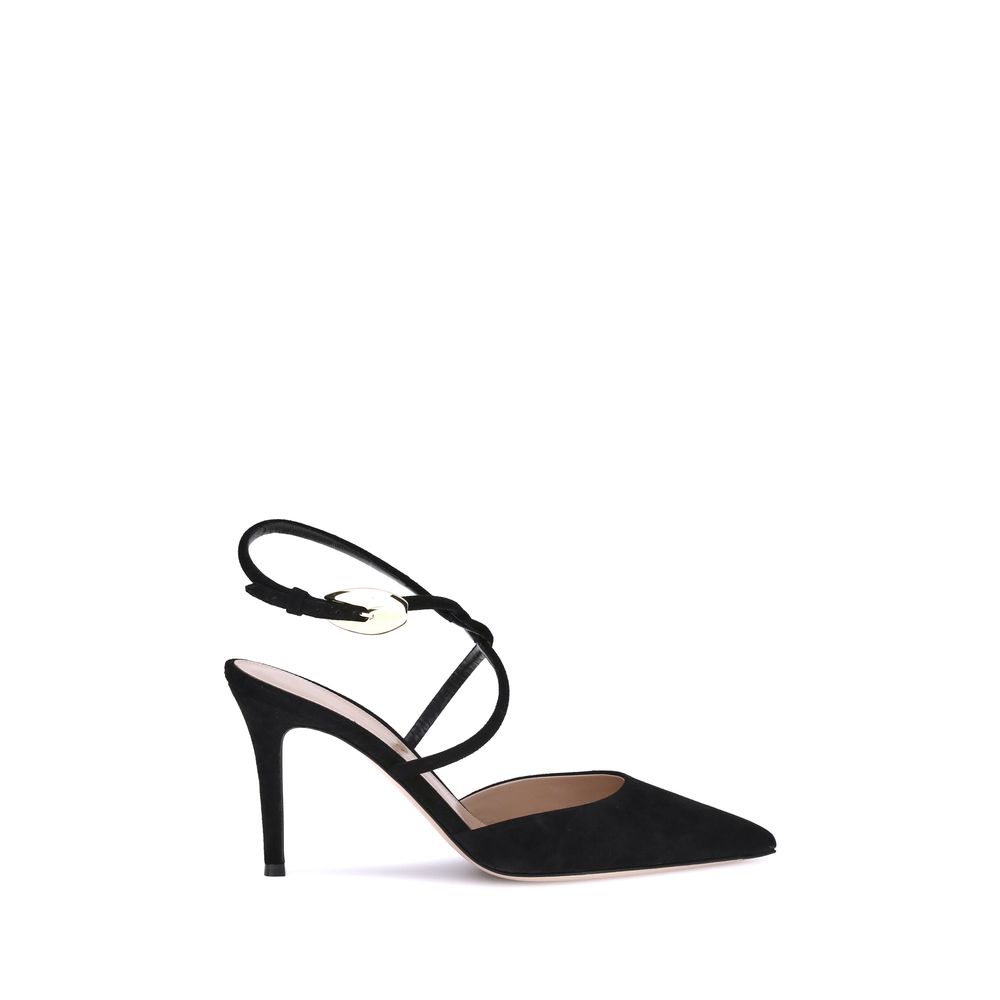 Gianvito Rossi Suede Pums with braided strap, gold buckle detail, and stiletto heel, made from calf leather, AW25 collection, Italy.