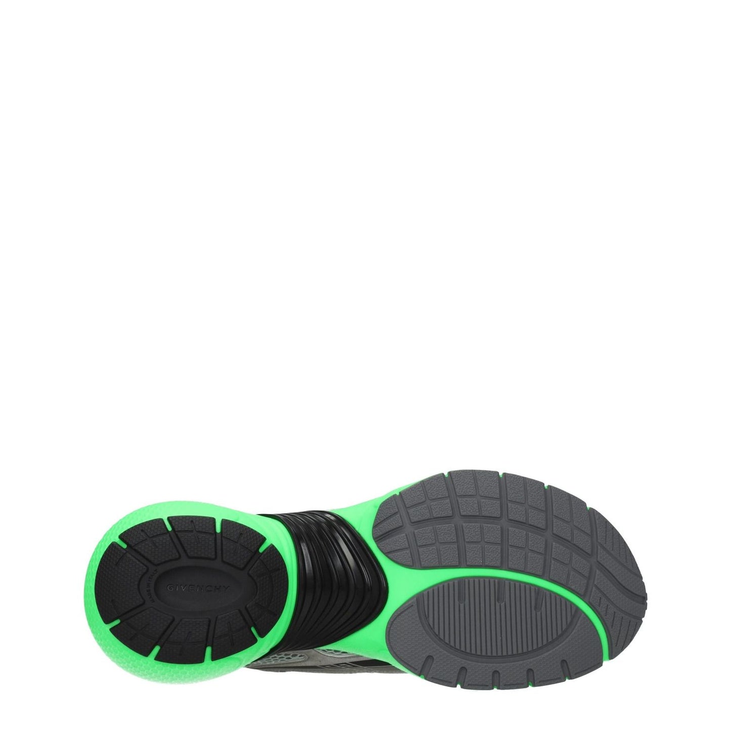 Sole of Givenchy Gray Fabric Athletic Sneakers with green and gray details, rubber sole, and logo.