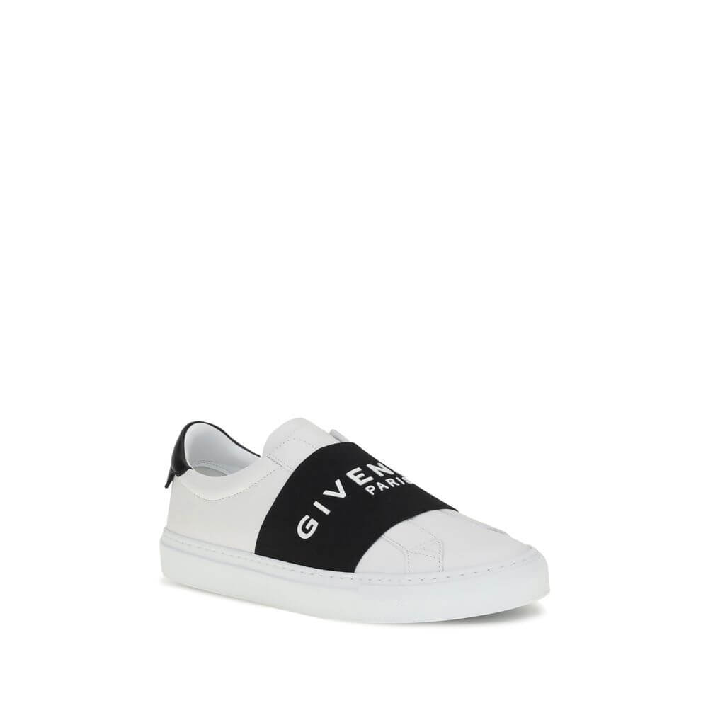 Givenchy White Calf Leather Bos Taurus Low Top Sneakers with contrasting elastic band, embossed logo, and comfortable padded ankle.