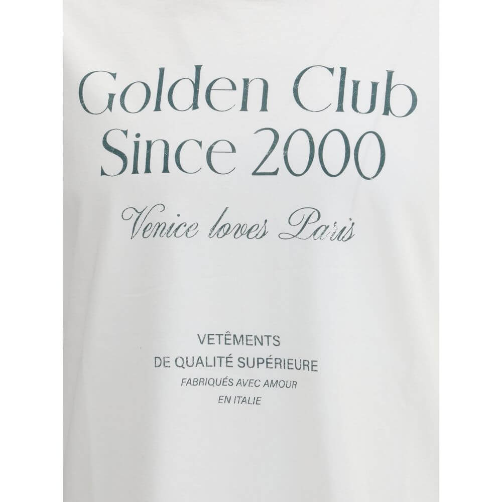 Golden Goose White Cotton T-Shirt with ribbed crew neck and monogram lettering on the front, showcasing contemporary casual style.