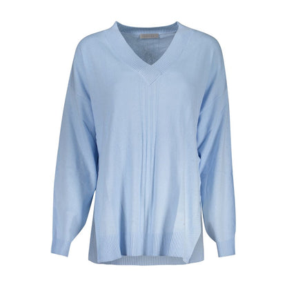 Guess Jeans Blue Cotton Sweater, long-sleeved V-neck with contrasting details and logo, stylish and comfortable fashion.
