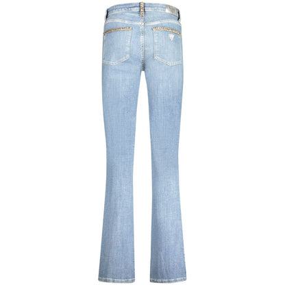 Back view of Guess Jeans Light Blue Cotton Women Jeans with rhinestone embellishments, mid-rise straight cut, and vintage faded look.
