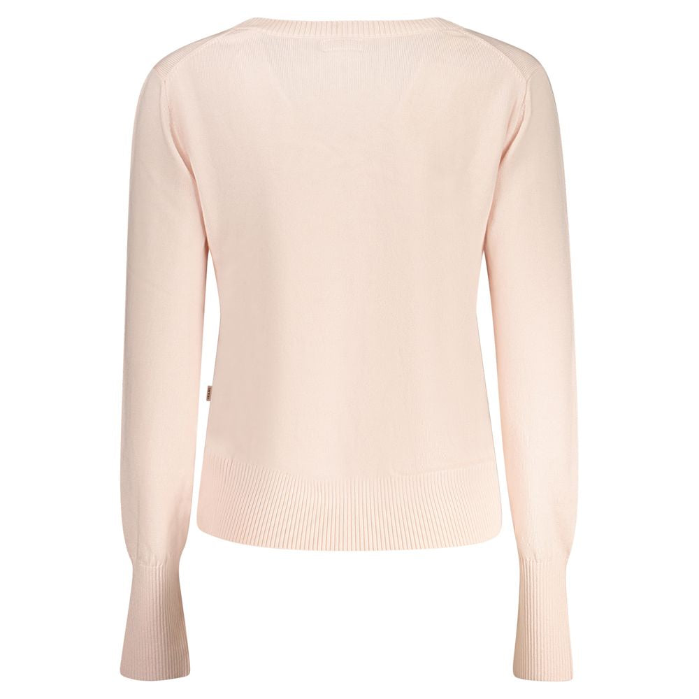 Back view of Guess Jeans Pink Polyester Women Sweater with long sleeves and ribbed details.
