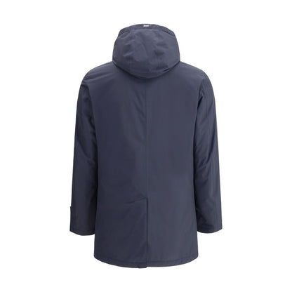 Herno Blue Goose Down Coat with removable hood and back slit for freedom of movement, perfect for cold weather.
