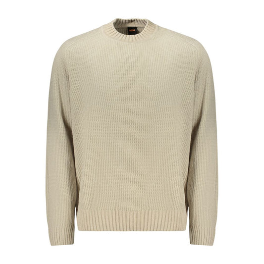 Hugo Boss Beige Cotton Sweater with logo, long sleeve chenille fabric, and crew neck design. Stylish and comfortable sweater for men.
