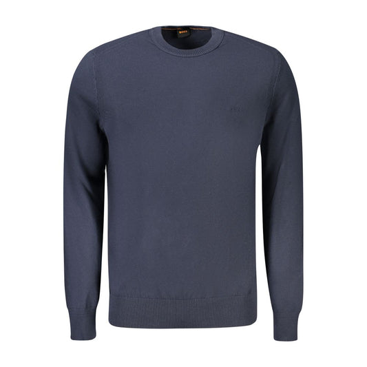 Hugo Boss Blue Cotton Sweater, long-sleeved crew neck with logo embroidery