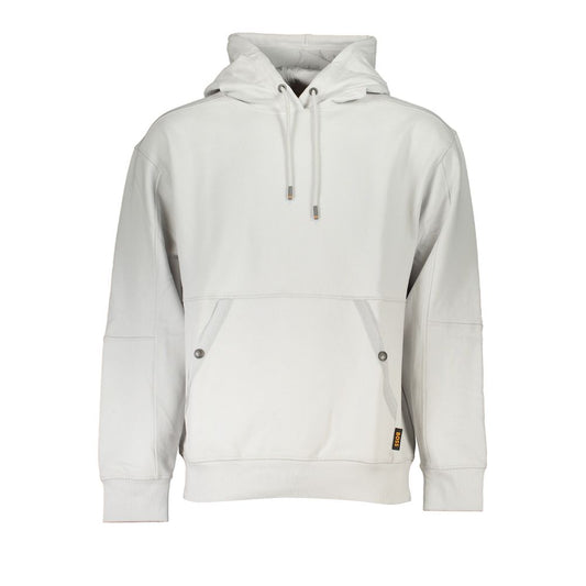 Hugo Boss Gray Cotton Men Sweater with fleece-lined hood and central pocket, perfect for luxury casual wear.