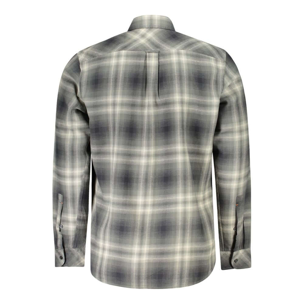 Back view of a Hugo Boss Green Cotton Shirt with a plaid pattern, long sleeves, button down collar, recycled cotton, regular fit.