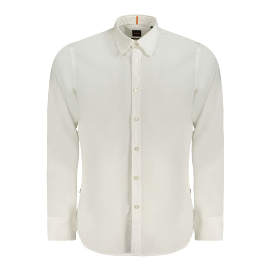 Hugo Boss White Cotton Men Shirt with Italian collar and single-button cuffs for a sophisticated look.