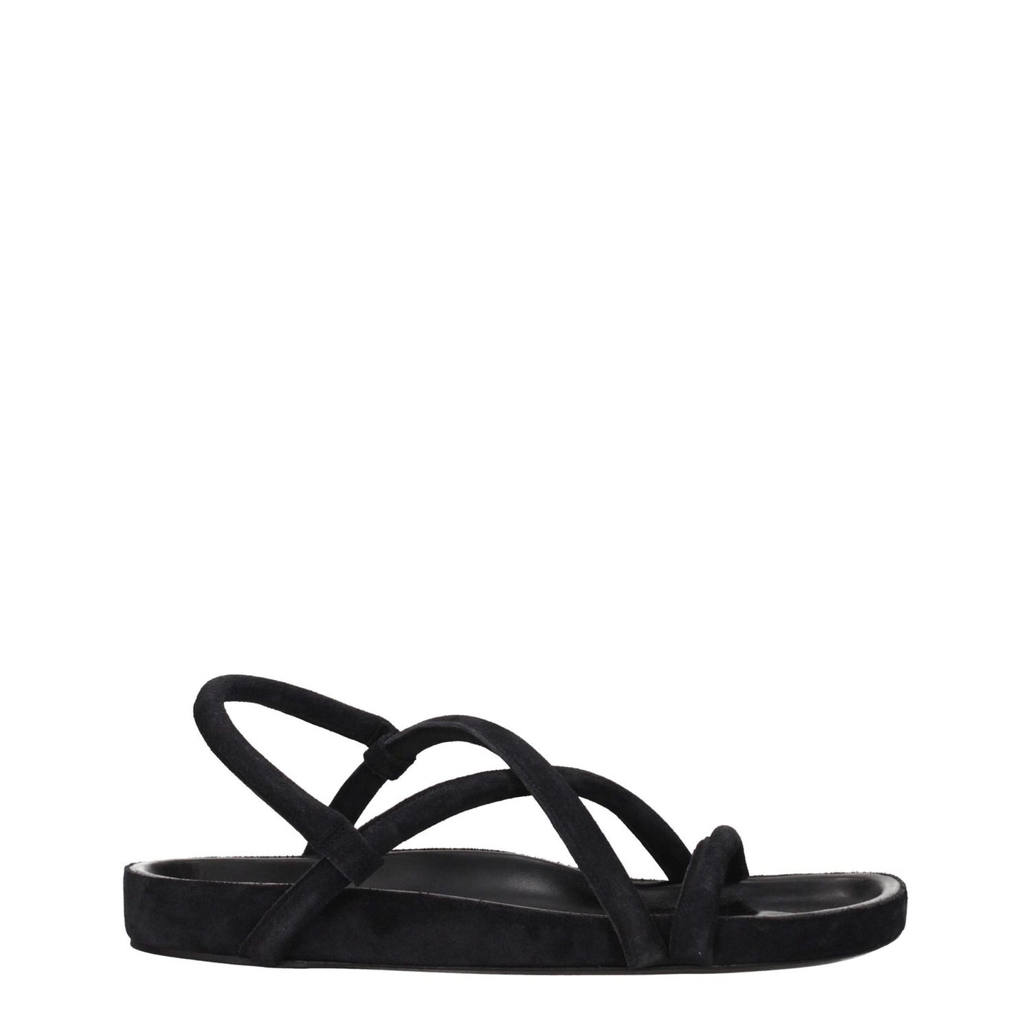 Isabel Marant Black Leather Flat Sandals with suede material, open toe, low flat heel, and vintage aged effect design.