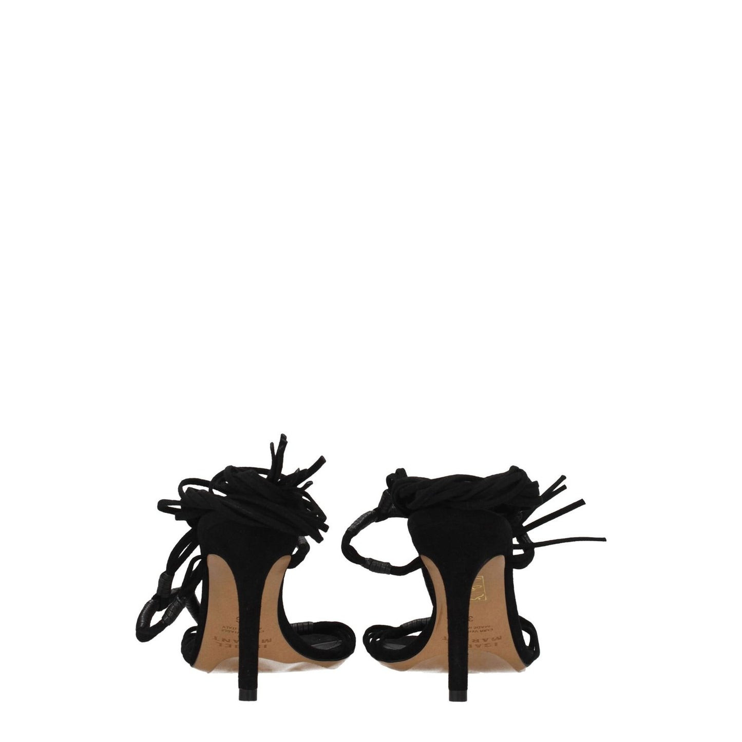 Rear view of Isabel Marant Black Leather Stiletto Heel Sandals with self-tie closures and open toe design.