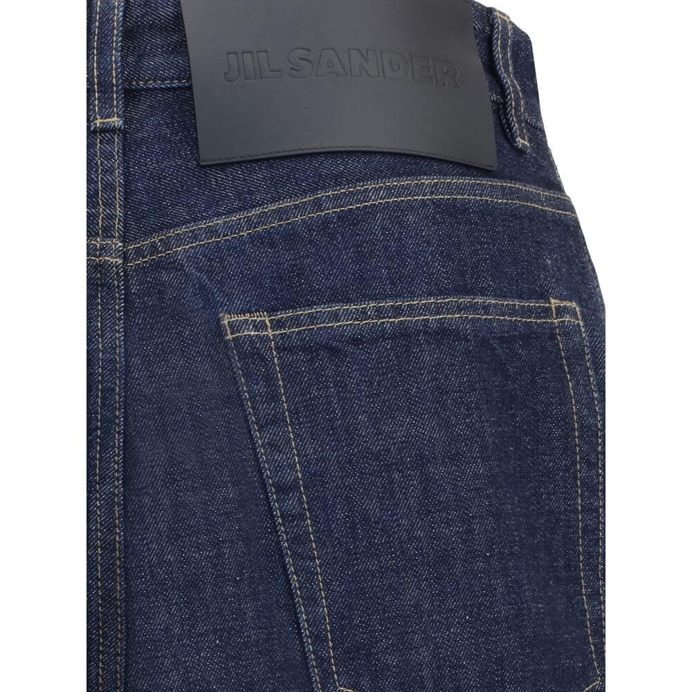 Jil Sander Blue Cotton Straight-Leg Jeans with contrasting logo label and five-pocket design, showcasing back detail.