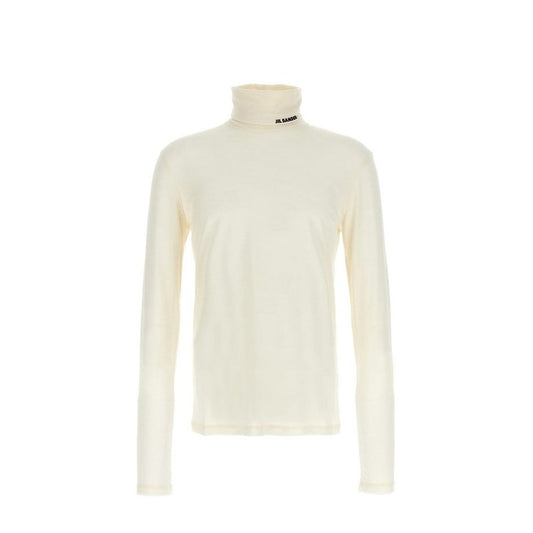 Jil Sander White Polyester Turtleneck, men's high neck sweater with contrast logo, long sleeves, regular fit, in size L/EU.