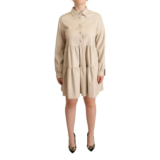 Jucca Leather Beige Long Sleeves Collared A-line Mini Dress 1728,67345645728,Beige,Casual - Dresses - Clothing,Clothing,IT44|L,Jucca,Longsleeve - Dresses - Clothing,Material: Leather,Preowned / Defect,Short - Dresses - Clothing,Women