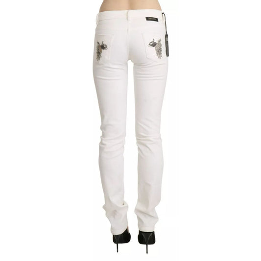 Back view of Just Cavalli White Cotton Slim Fit Mid Waist Skinny Trouser Jeans with tags showcasing the logo detail.