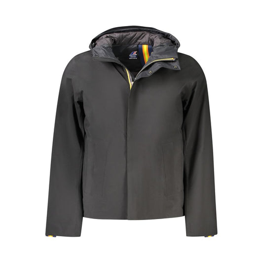 K-WAY Black Polyester Men Jacket with double padding, long sleeves, and multiple pockets for functional luxury.