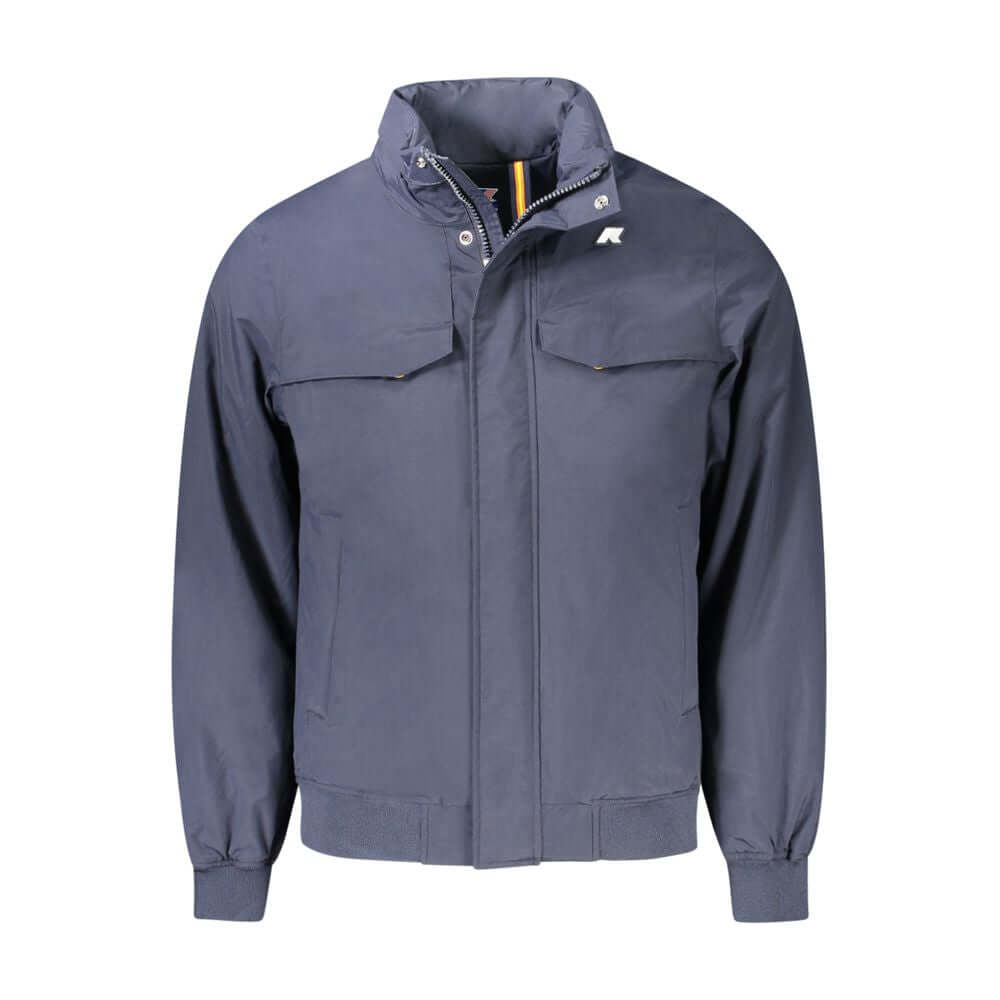 K-WAY Blue Polyamide Men Jacket with long sleeves, padded warmth, removable hood, and multiple pockets showcasing iconic logo.
