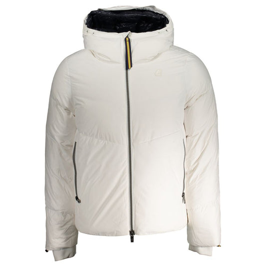 K-WAY White Polyester Men Jacket with thermo soft touch and branded details, featuring multiple pockets for style and functionality.