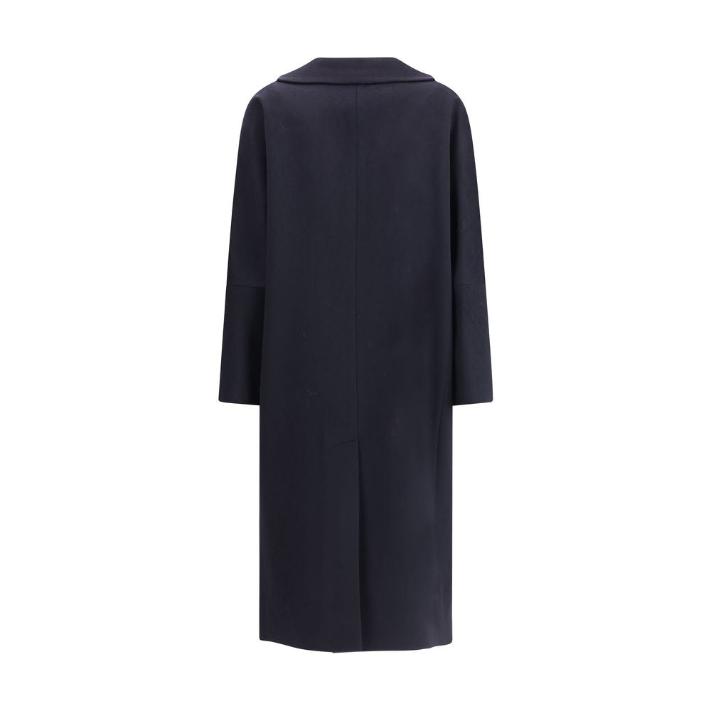 Back view of Lardini Black Cashmere Coat with sleek design, classic lapel, patch pockets, and wide sleeves for a sophisticated look.