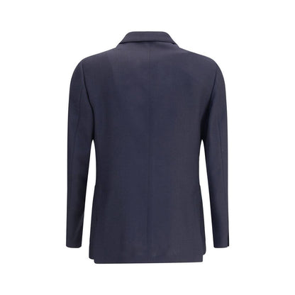 Back view of Lardini Blue Fleece Wool Blazer with structured silhouette and classic shoulder