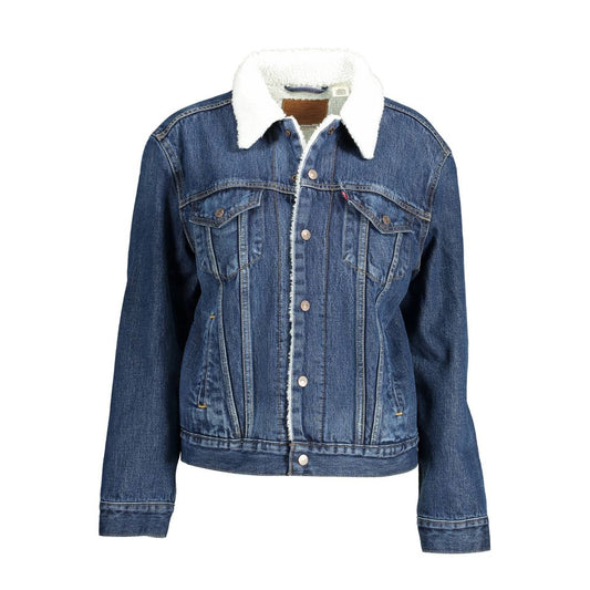 Levi's Blue Cotton Women Jacket with fur trim and button closure, featuring four pockets and Levi's logo for stylish outerwear.