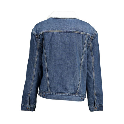 Levi's Blue Cotton Women Jacket with fur trim, automatic-button closure, and four pockets showcasing classic style and functionality.