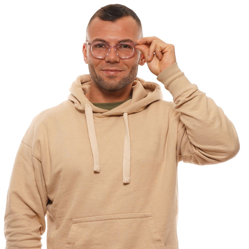 Man wearing Liebeskind Purple Unisex Glasses Frame with a beige hoodie, showcasing round acetate design.