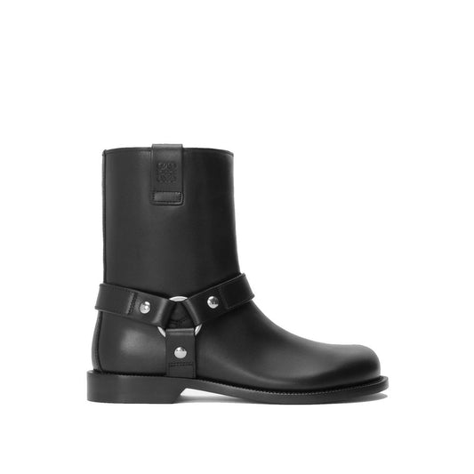 Loewe Black Calfskin Ankle Boots, men's leather footwear featuring hardware details, Goodyear construction, and embossed anagram loops.