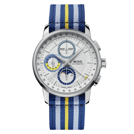 MIDO MOD. BARONCELLI watch with blue and yellow striped strap, silver dial, and multiple subdials showing day and date.