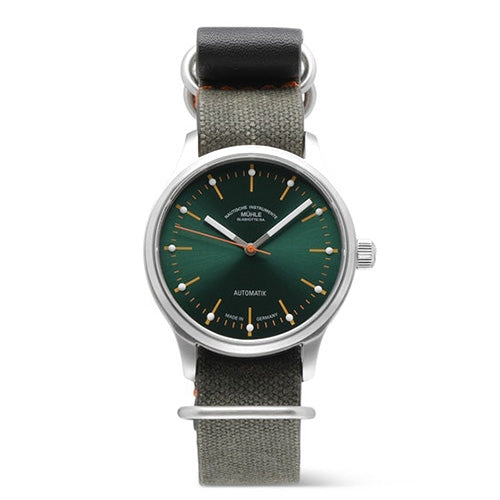 MUHLE GLASHUTTE MOD. PANOVA GREEN wristwatch, 40mm stainless steel case, fabric strap, mechanical automatic, sapphire dial, official box packaging.