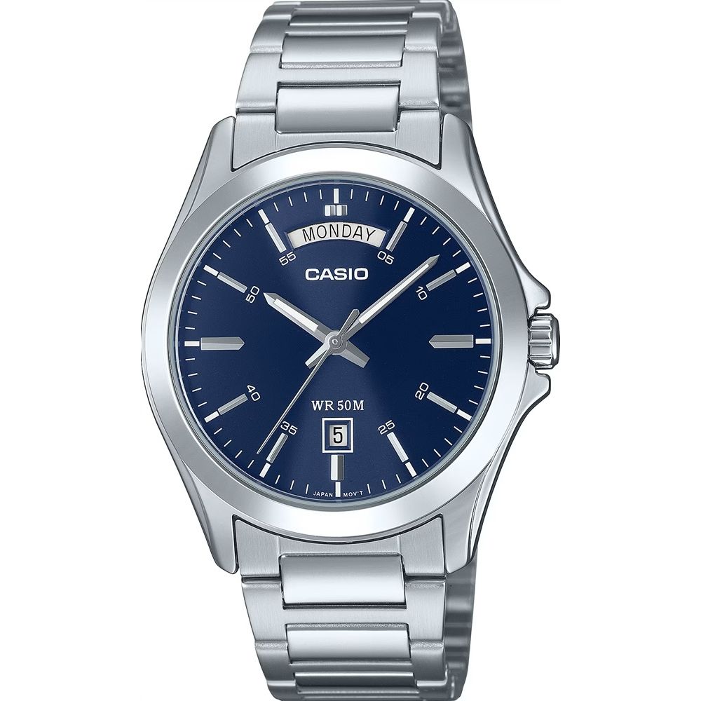 CASIO COLLECTION Mod. DAY DATE - BLUE wristwatch, stainless steel, quartz movement, blue dial, 5 ATM water resistant.