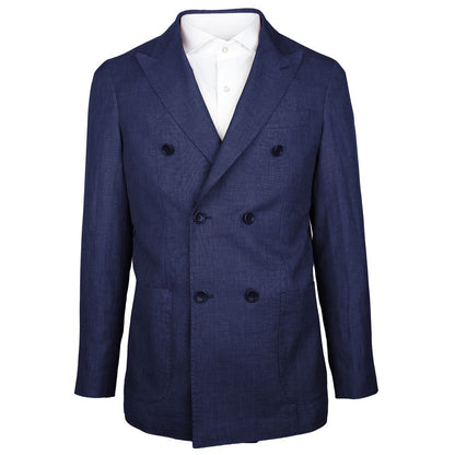 Made in Italy Blue Linen Blazer with peaked lapels and double-breasted design, crafted from Loro Piana fabric. Elegant and versatile fashion.