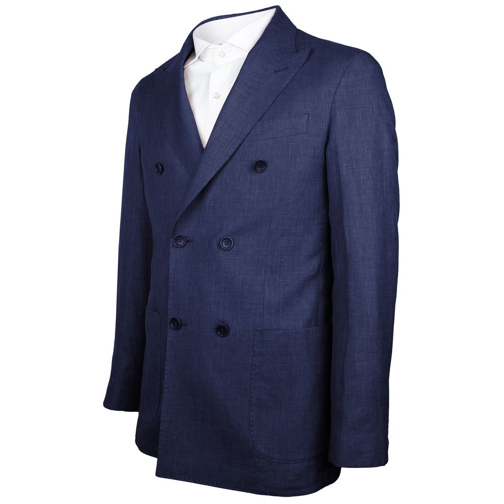 Made in Italy Blue Linen Blazer, double-breasted navy jacket with peaked lapels, Loro Piana fabric, front and inside pockets.