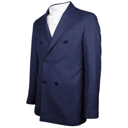 Made in Italy Blue Linen Blazer, double-breasted navy jacket with peaked lapels, Loro Piana fabric, front and inside pockets.