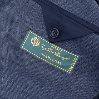 Loro Piana fabric label on Made in Italy Blue Linen Blazer showcasing Summertime linen-wool blend jacket with button detail