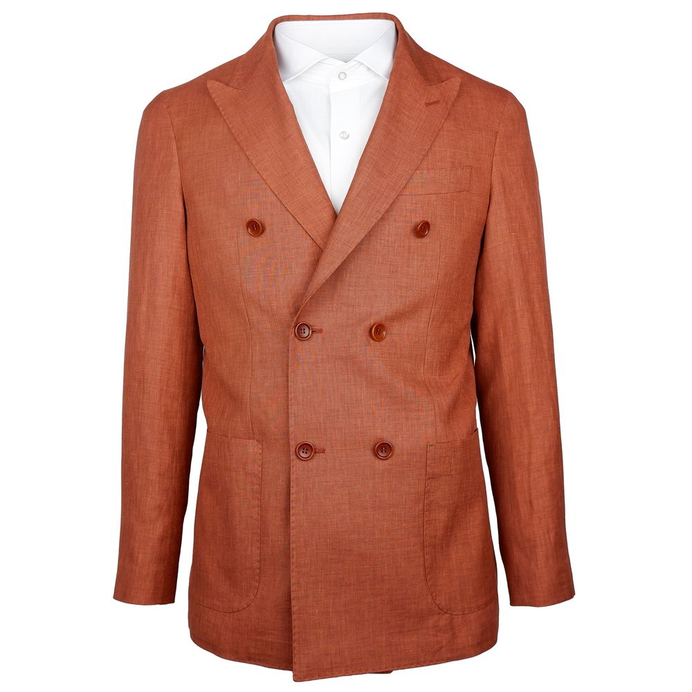 Made in Italy Brown Linen Blazer with peaked lapels, rust-colored Loro Piana fabric, double-breasted design, front and breast pockets.