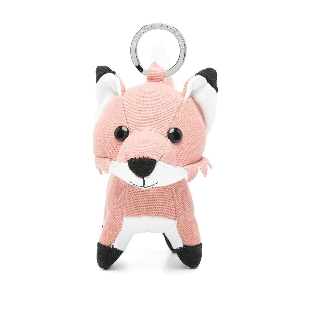 Alt Tag: Maison Kitsuné Fox bag charm with pink fox motif, pop-up ears, engraved logo keyring attachment.