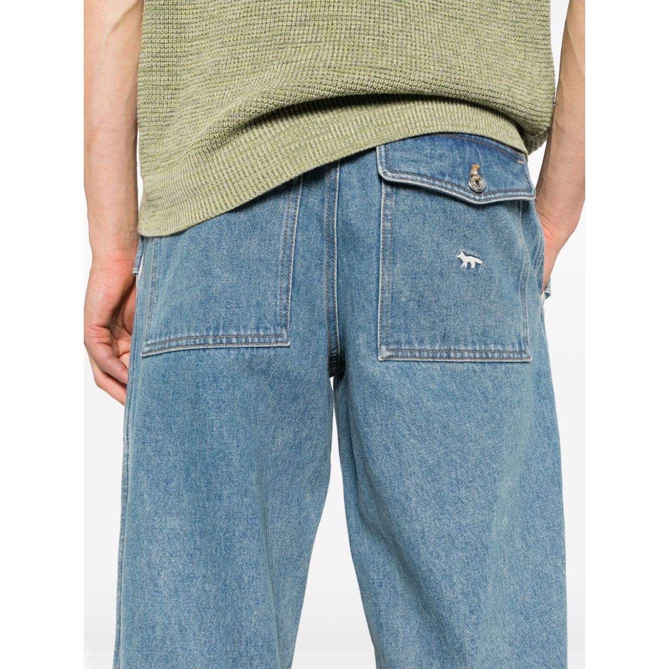 Back view of Maison Kitsuné MAISON KITSUNE' Jeans Clear Blue with faux pocket detail and embroidered logo patch, wide leg denim.